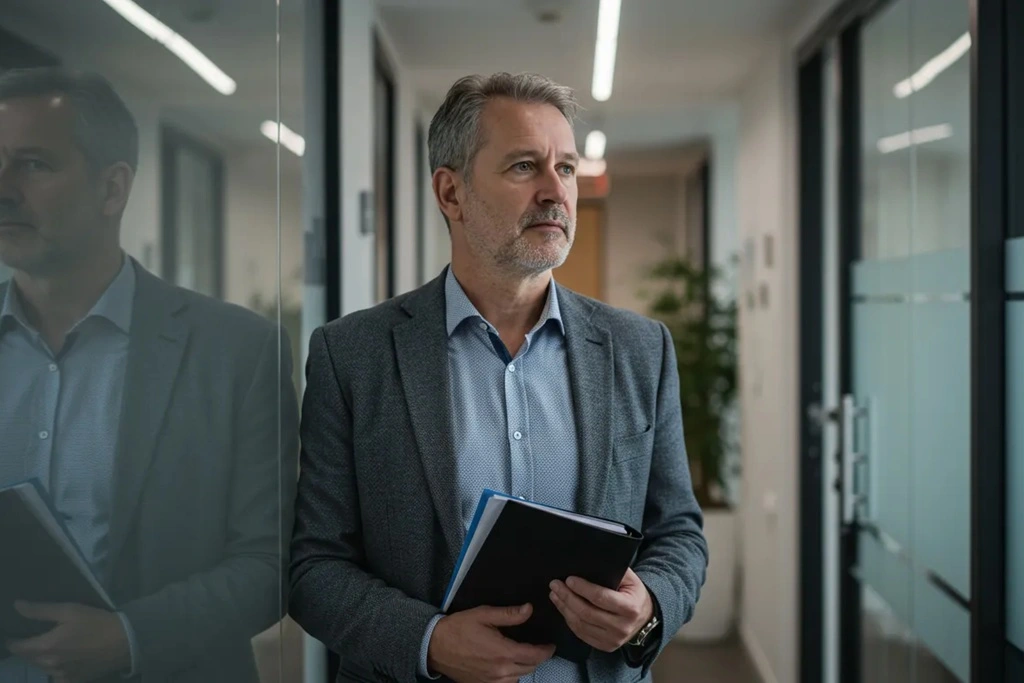 Nachdenklicher Geschäftsmann mit Aktenmappe steht im modernen Büroflur und blickt aus dem Fenster – symbolisiert finanzielle Unsicherheit und Risikoprüfung.