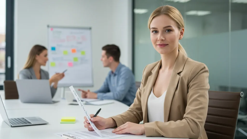 Geschäftsfrau bei Due-Diligence-Analyse am Schreibtisch mit Unternehmensunterlagen – symbolisiert professionelle Unternehmensprüfung 2025