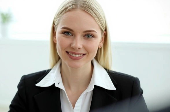 Freundliche Mitarbeiterin im Einkauf lächelt im Büro und wirkt professionell und zugänglich