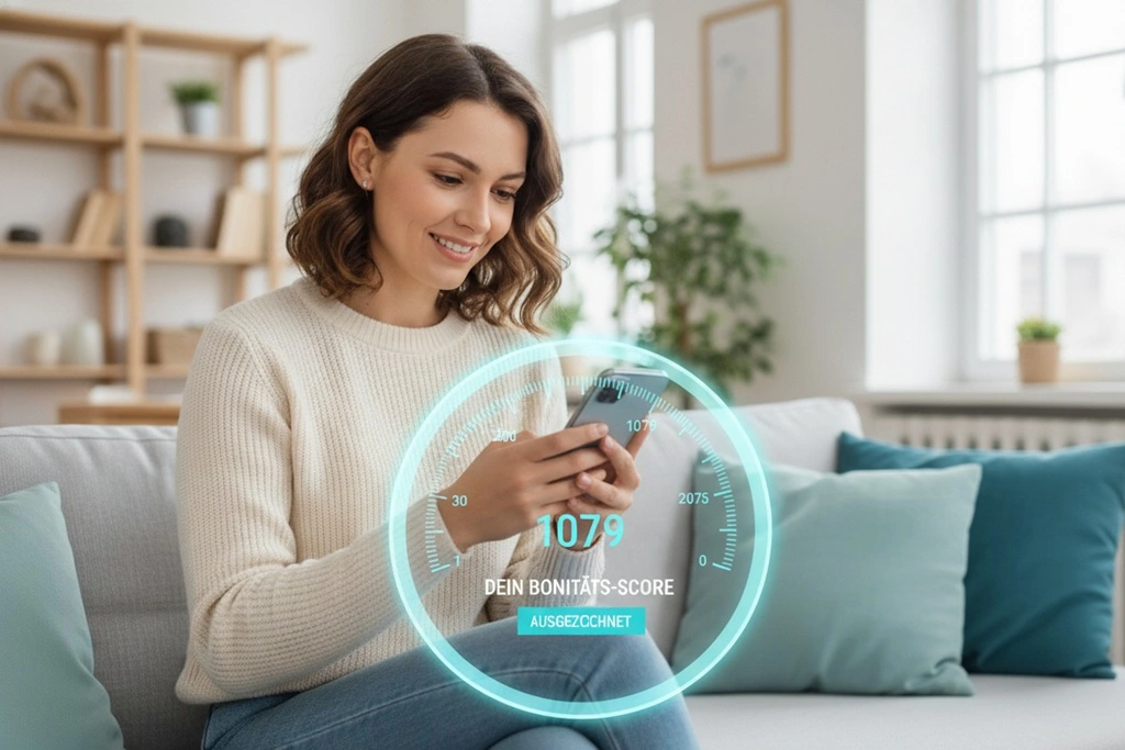 Frau sitzt auf dem Sofa und prüft ihren Boniversum Score auf dem Smartphone