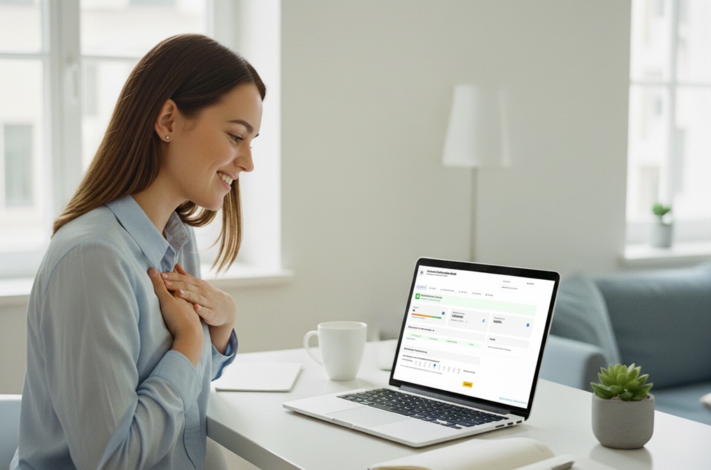Frau überprüft am Laptop ihre Boniversum Selbstauskunft und wirkt erleichtert – Symbol für Vertrauen, Datensicherheit und Bonität.