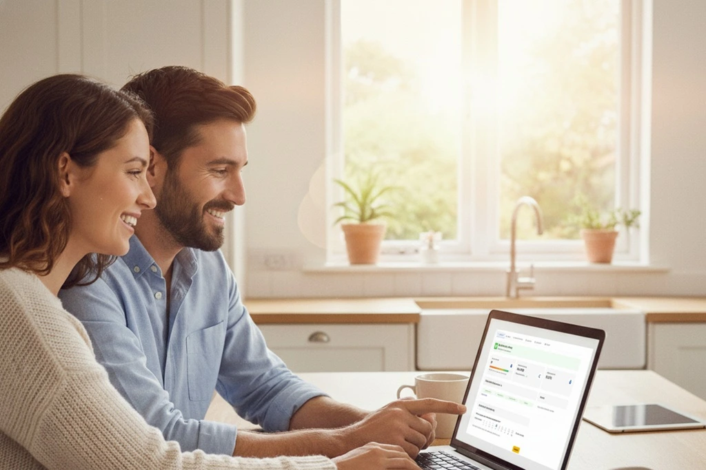 Paar überprüft online ihre Bonitätsauskunft bei Boniversum auf dem Laptop – Symbol für Vertrauen, Transparenz und Finanzkontrolle