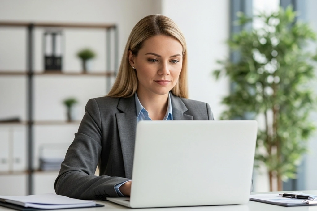 Blonde Geschäftsfrau arbeitet konzentriert am Laptop, symbolisch für Selbstauskunft und Bonitätsprüfung bei Infoscore.