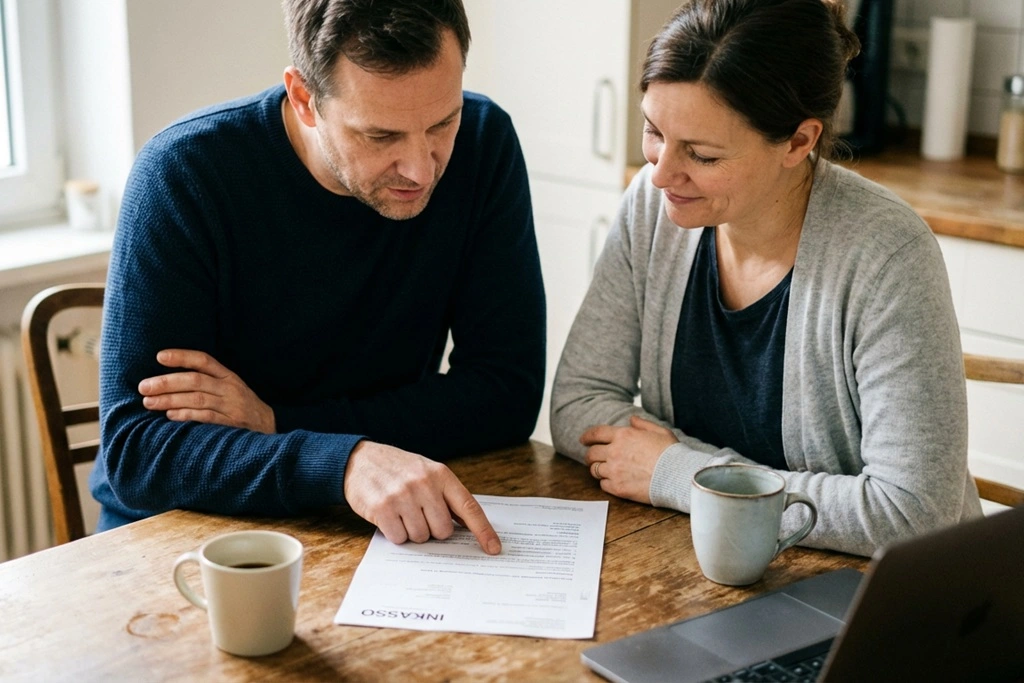 Paar prüft entspannt einen Inkasso Brief auf Fake Merkmale am Küchentisch – Schutz vor Inkasso Betrug mit Boniforce