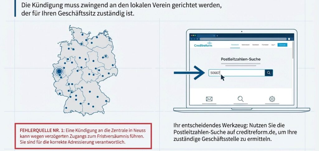 Grafik zu Creditreform kündigen: Karte der regionalen Creditreform-Vereine in Deutschland und Hinweis auf die richtige Adressierung der Kündigung mithilfe der Postleitzahlen-Suche auf creditreform.de