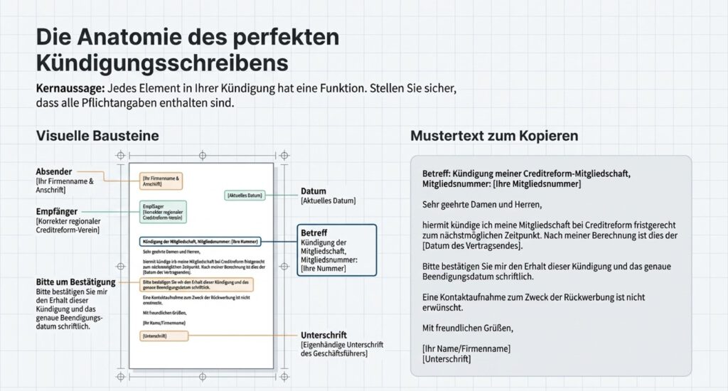 Aufbau eines perfekten Kündigungsschreibens mit allen Pflichtangaben und Mustertext zur fristgerechten Kündigung der Creditreform-Mitgliedschaft