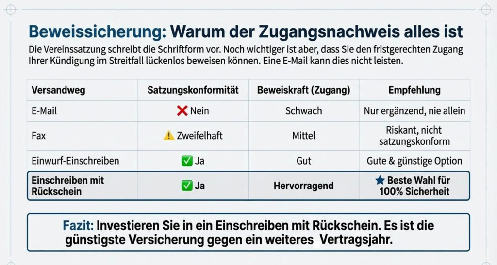 Vergleich der Versandwege für das Kündigungsschreiben mit Bewertung der Zugangssicherheit. Einschreiben mit Rückschein wird als beste und sicherste Methode empfohlen.
