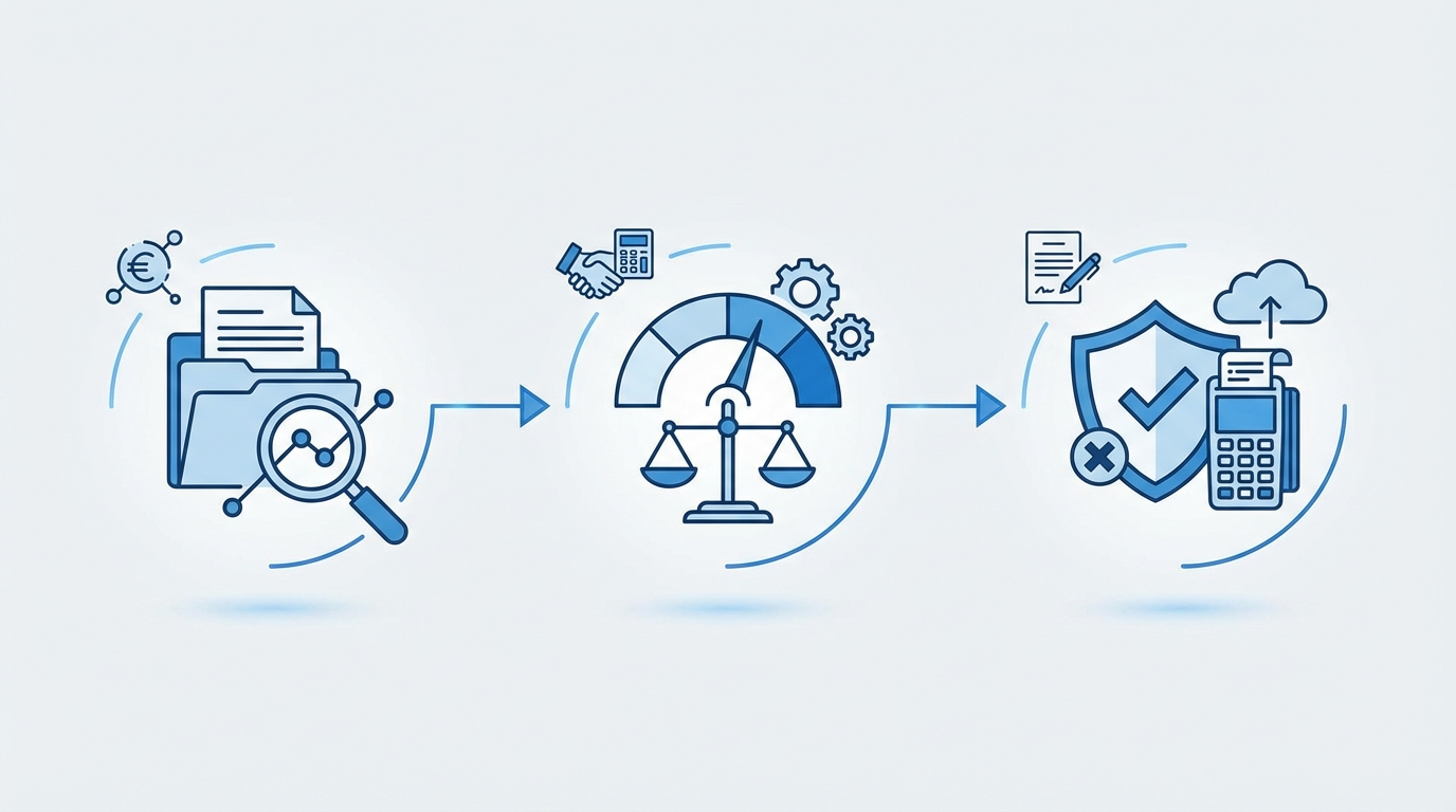Die Bonität des Kunden prüfen: Erklärbild zu Datenanalyse, Bonitätsbewertung und Risikoprüfung