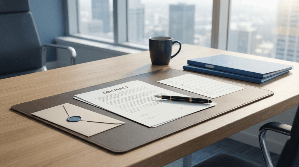 Feature-Bild zum Beitrag CRIF kündigen mit Vertrag, Briefumschlag und Büroarbeitsplatz ohne Text