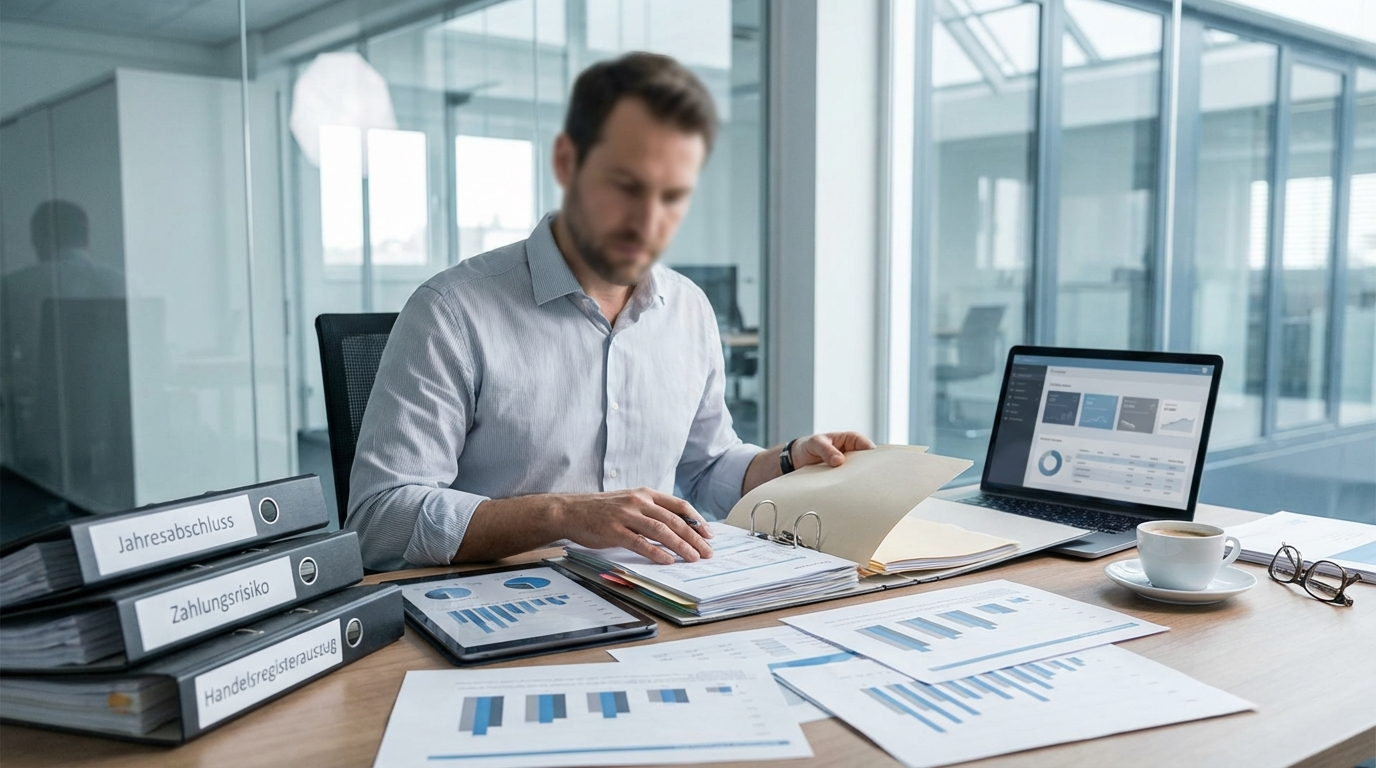 Bonitätsprüfung Unternehmen: Analyst prüft Firmenberichte, Registerdaten und Risikosignale