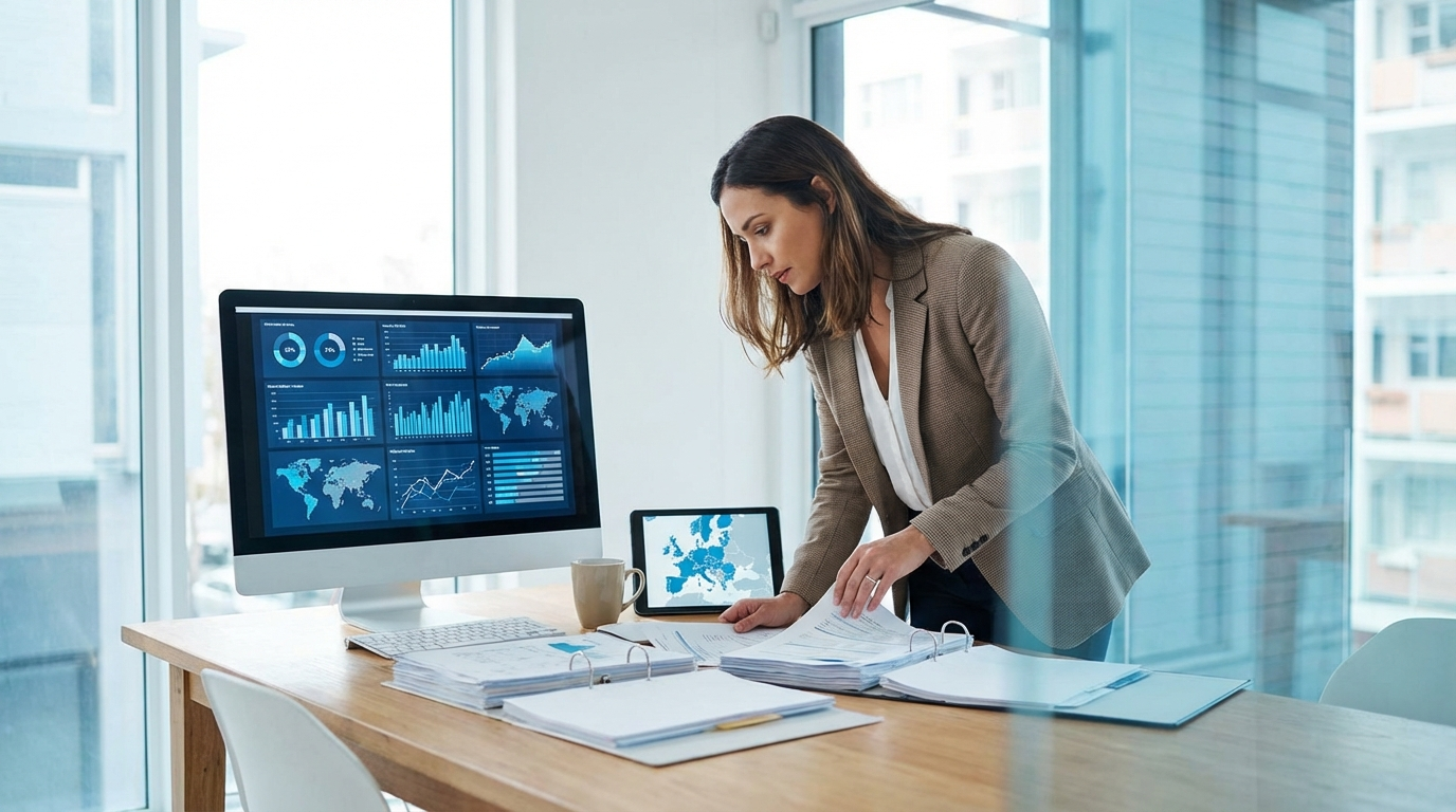 North Data: Entscheider analysiert europäische Unternehmensdaten und Recherchedokumente im Büro