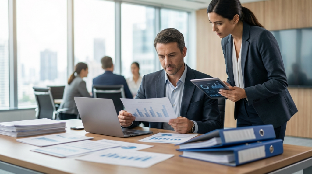 North Data Kosten: Analyst prüft Preisstruktur und Firmenrecherche in moderner Büroumgebung