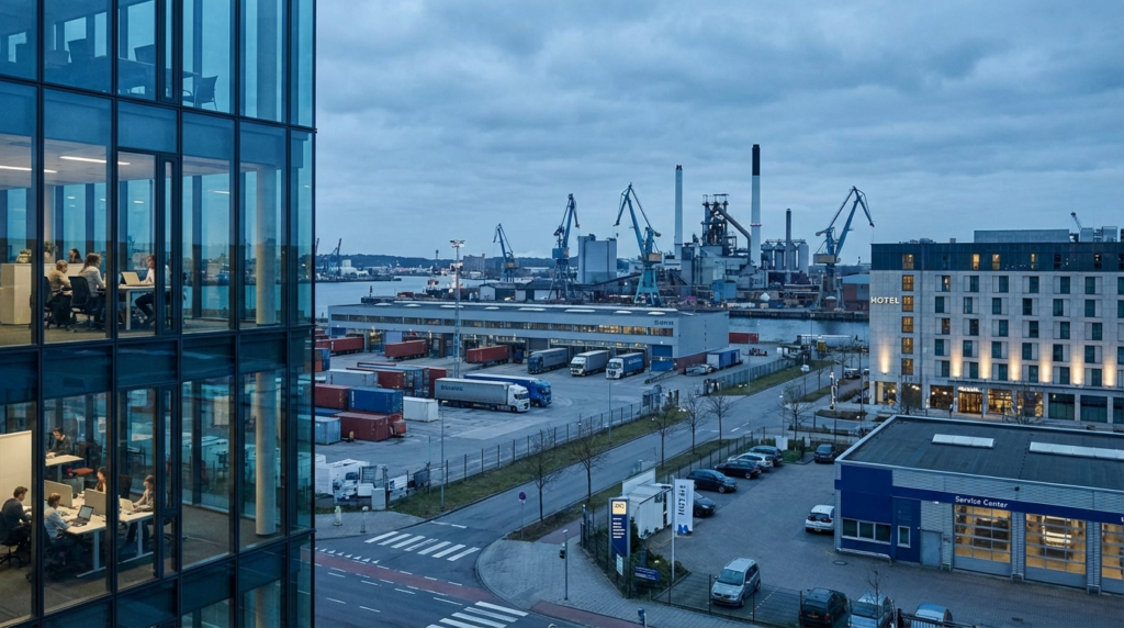 Branche: authentische europäische Business-Szene mit mehreren Wirtschaftszweigen und vertrauensvoller Einordnung