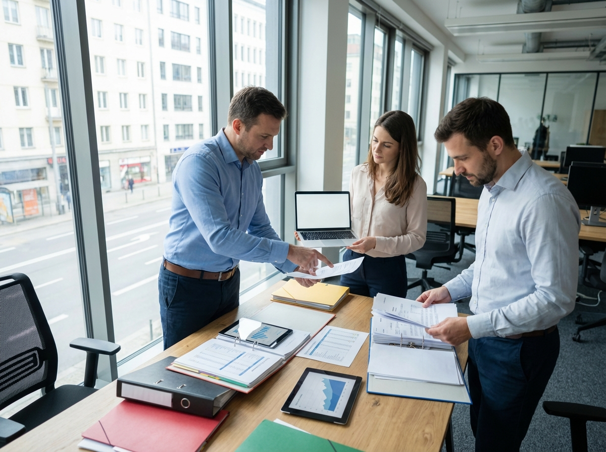 Immobilien-Team prüft Gewerbemieter und wirtschaftliche Risiken vor Vertragsabschluss