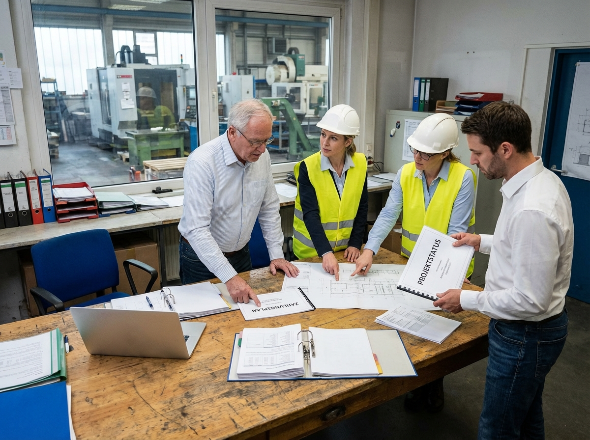 Maschinenbau-Team prüft Projektkunde, Zahlungsziele und Auftragsrisiken vor Fertigungsstart