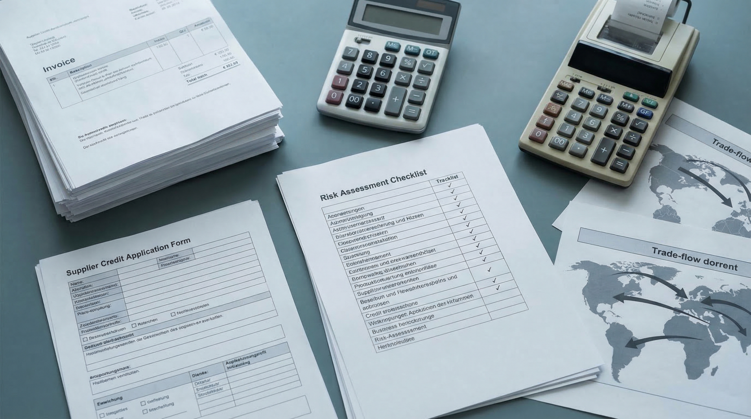 Dokumente, Rechnungen und Risiko-Check zur Coface Warenkreditversicherung im Unternehmenskontext