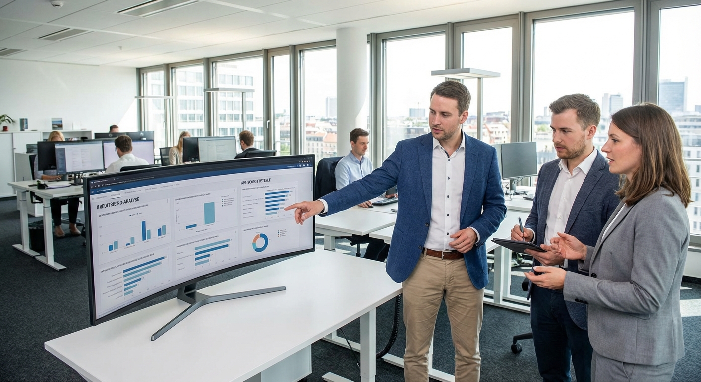 Analyst prüft Bonitätsdaten und Credit Reports am Schreibtisch