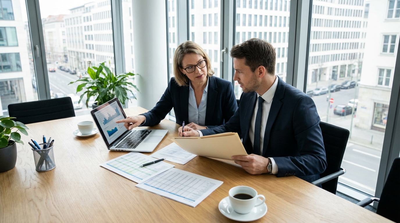 Bonitätsprüfung Bestandskunden: Vertriebsteam bespricht Monitoring-Ergebnisse und Eskalation