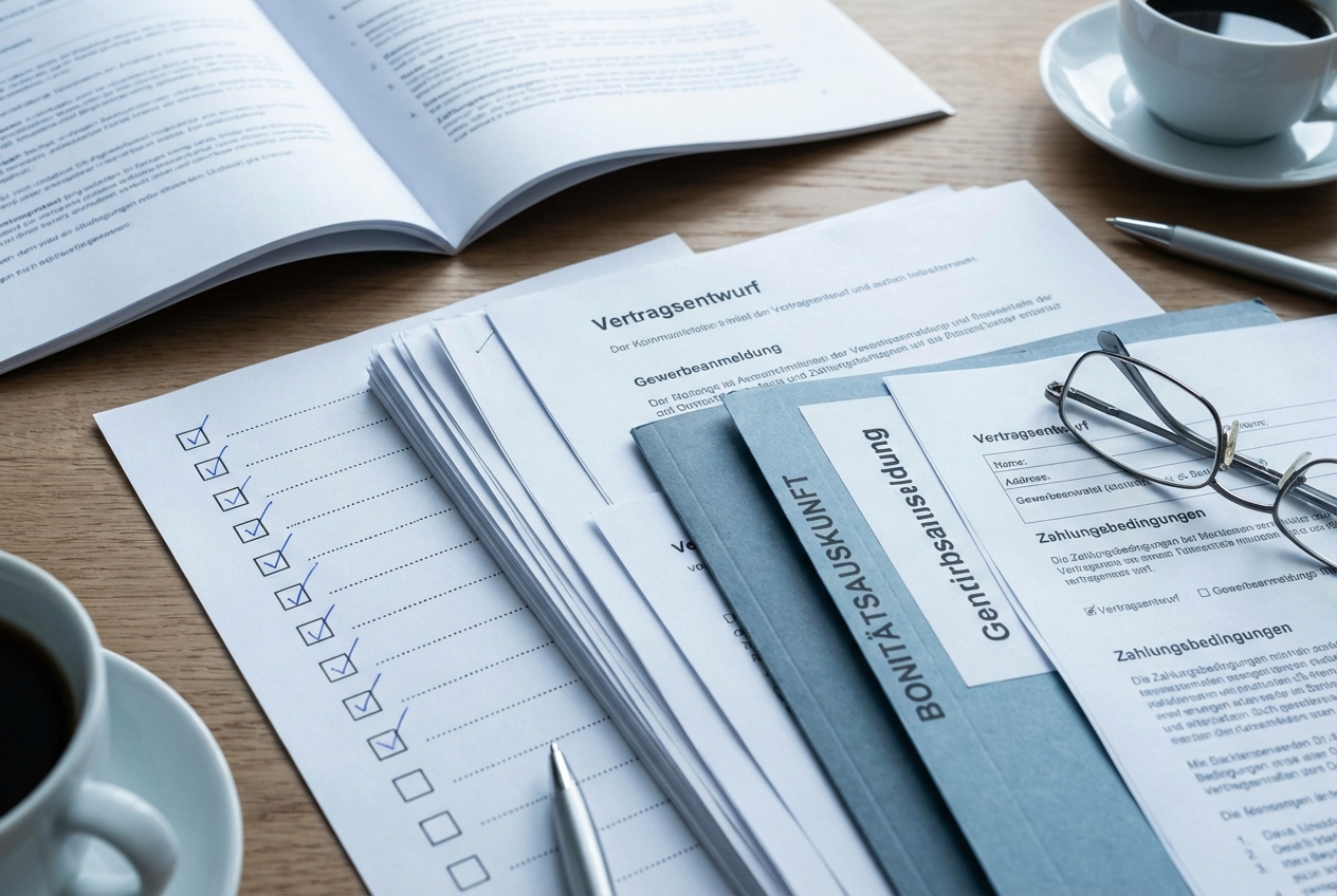 Bonitätsprüfung Neukunden: Checkliste und Geschäftsdokumente auf dem Schreibtisch
