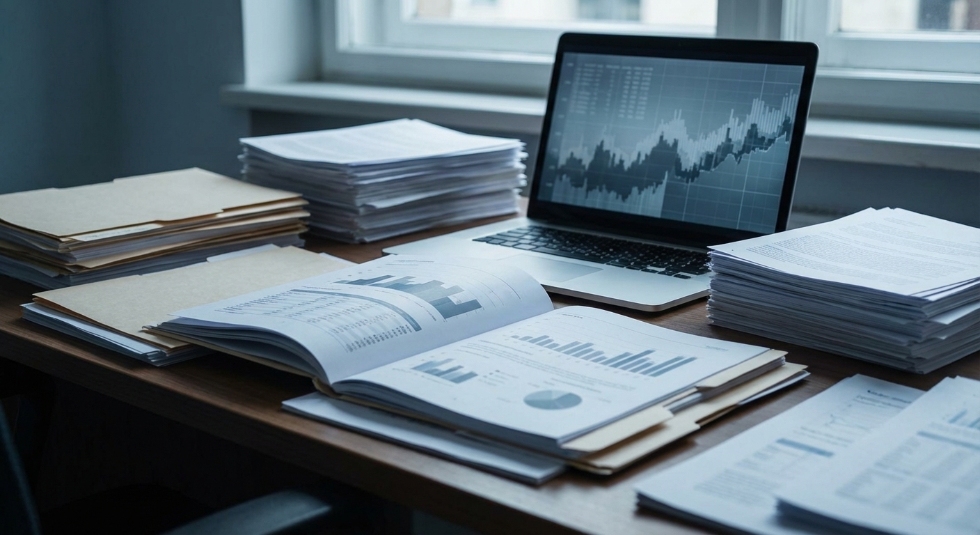 Bonitätsberichte und Geschäftspapiere auf dem Schreibtisch