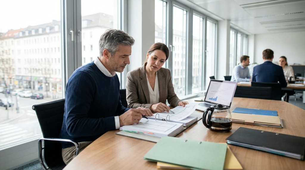 Firmen Bonität prüfen: authentische europäische Finanzprüfung in vertrauensvoller Büroumgebung