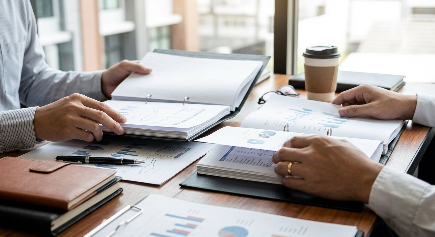 Unternehmensberichte und Risikoprüfung auf dem Schreibtisch