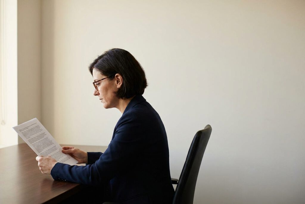 Auskunftei Creditreform 2026 Analystin prüft ein gedrucktes Firmendossier