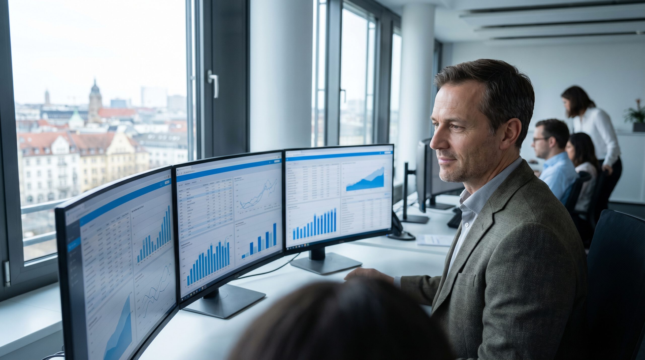 Analyst prüft Bonitätsdaten über eine B2B Schnittstelle am Bildschirm