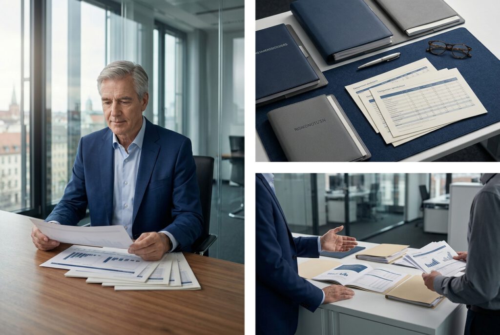 beste Wirtschaftsauskunftei deutschland Finanzmanager prüft Unternehmensdossiers im Konferenzraum