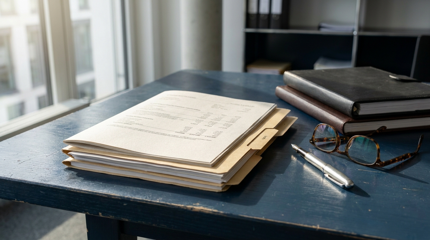 Vergleich von Wirtschaftsauskunfteien mit Dossiers, Notizen und Unterlagen auf einem Besprechungstisch