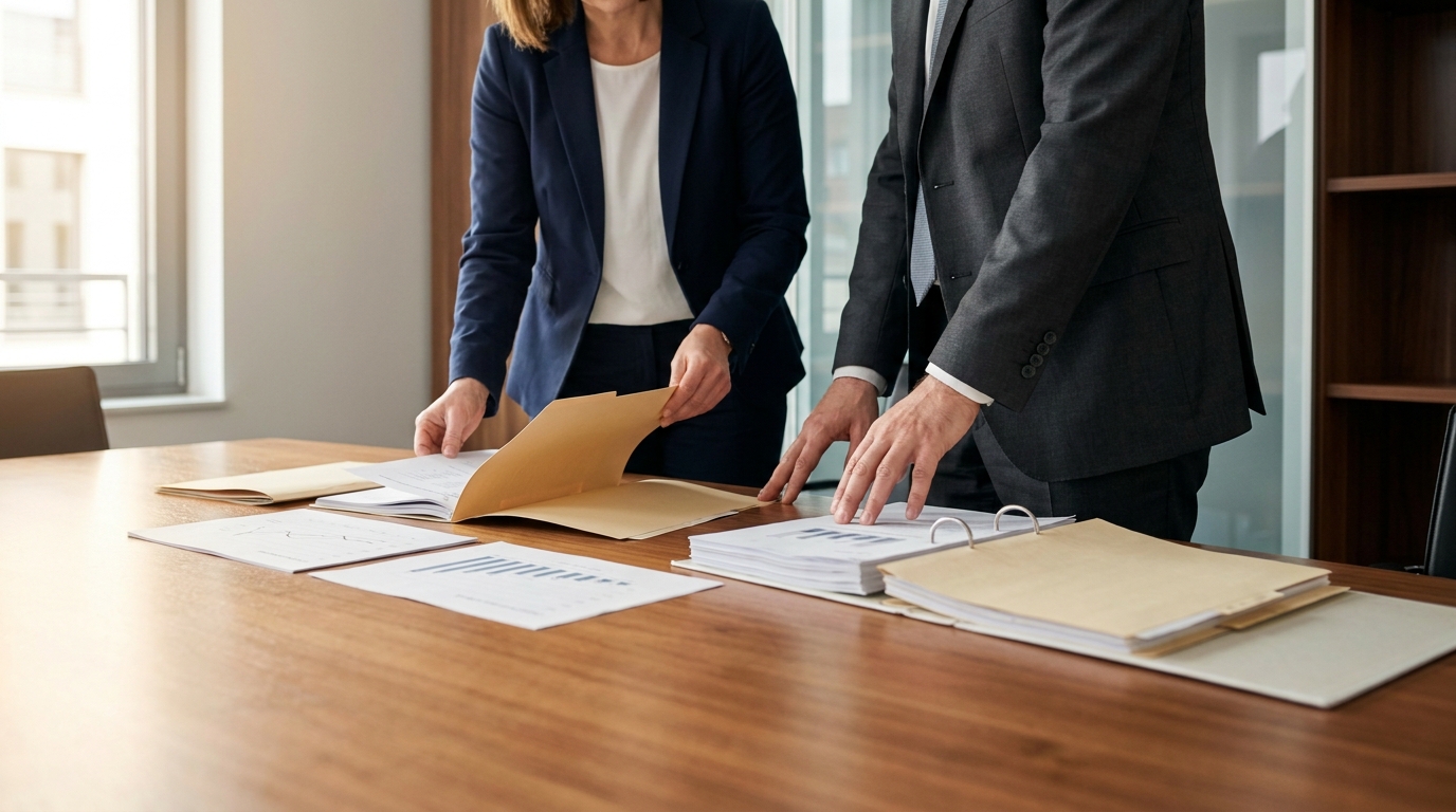 Beste Wirtschaftsauskunftei Deutschland im B2B-Vergleich mit Geschäftsunterlagen auf dem Konferenztisch