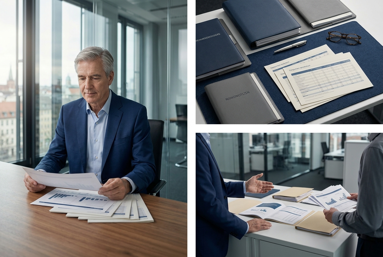 Beste Wirtschaftsauskunftei Deutschland Finanzmanager prüft Unternehmensdossiers im Konferenzraum