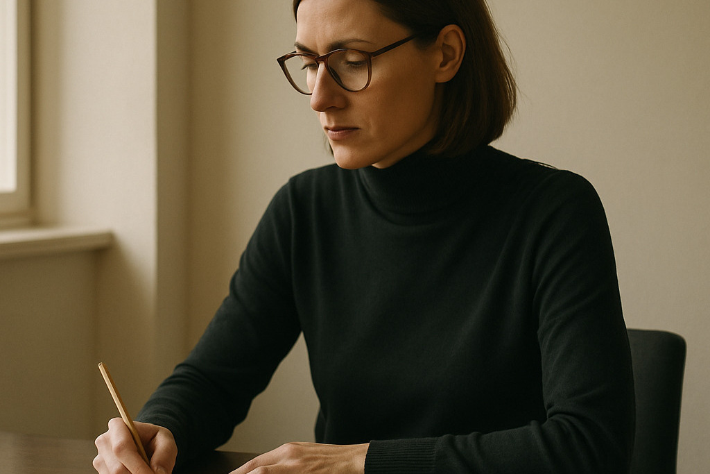 Bonitätsprüfung API Vergleich mit fokussierter Analystin, die ein Blatt Papier mit API-Notizen prüft