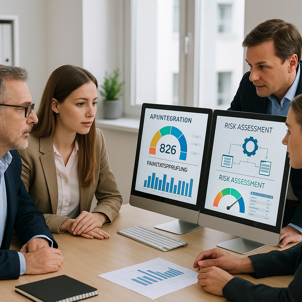 API-Dashboard und Datenvergleich – Team analysiert Bonitätsmetriken