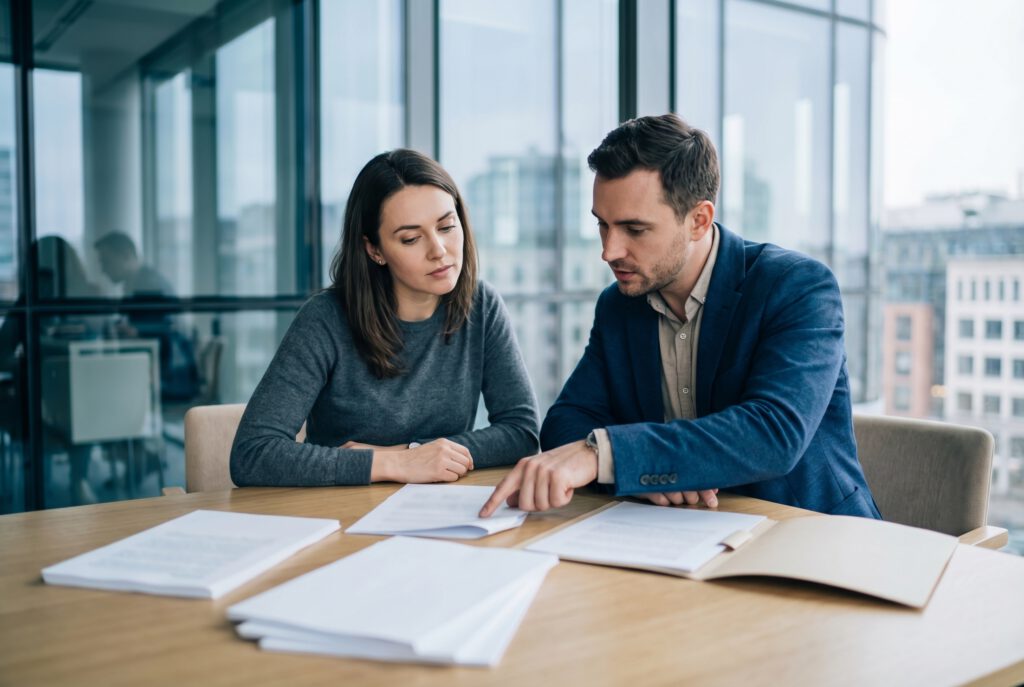 Geschäftspartner prüfen im B2B, zwei Fachkräfte prüfen Unterlagen und Risiken im Büro