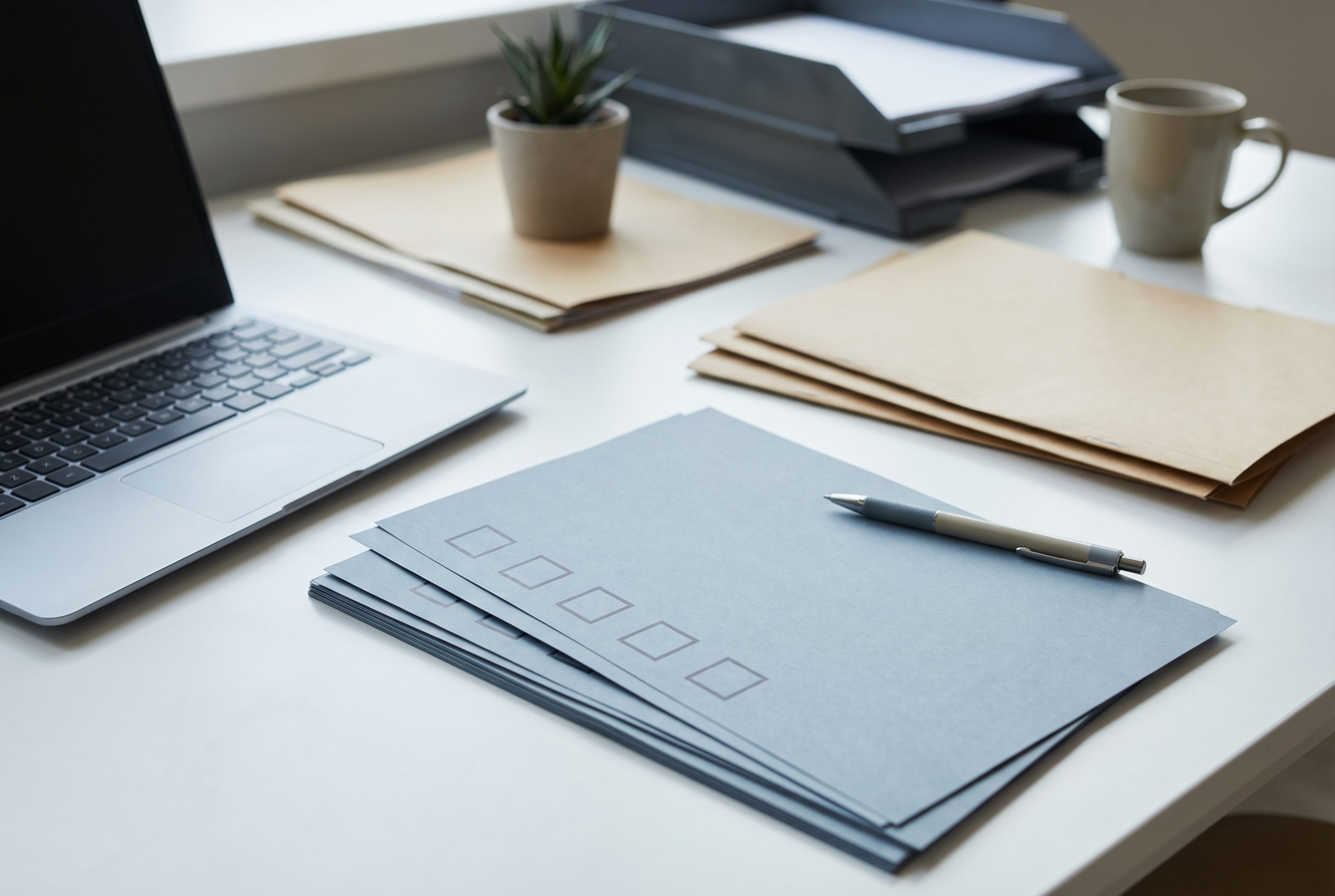 Geschäftspartner prüfen mit Unterlagen, Checkliste und Vertragsmappe auf dem Schreibtisch