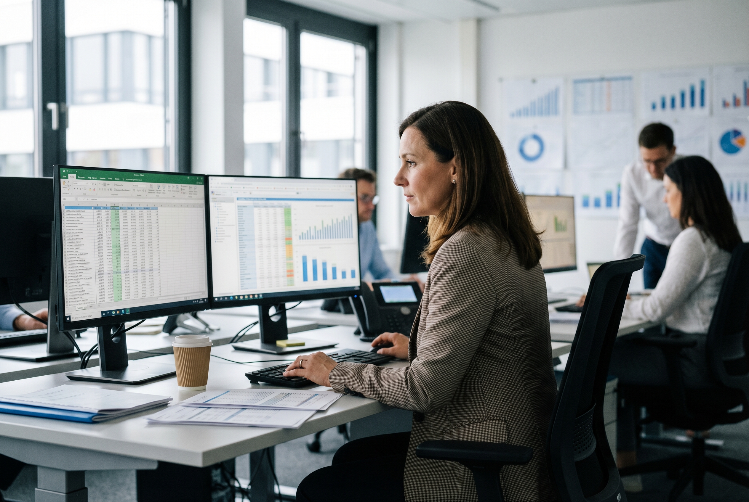 Shopify Kreditprüfung API, Analyst prüft Berichte und Bestelldaten am Bildschirm