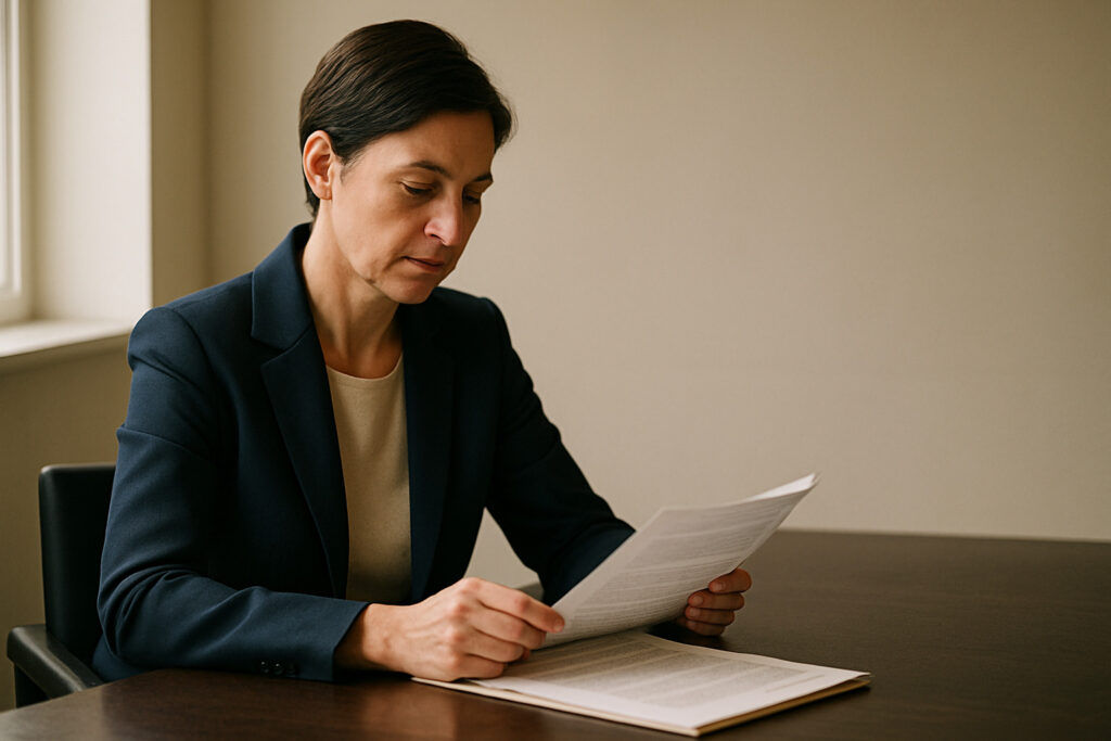 Boniforce vs Boniversum bei einer B2B-Prüfung mit gedruckter Firmenakte am Schreibtisch