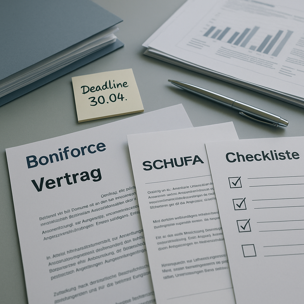 Geschäftsdokumente und Bonitätsprüfung – Vertragsunterlagen auf dem Schreibtisch