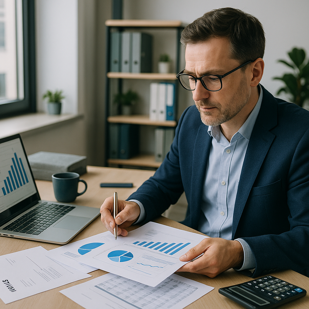 Analyst prüft Bonitätsdaten und Unternehmensberichte am Arbeitsplatz