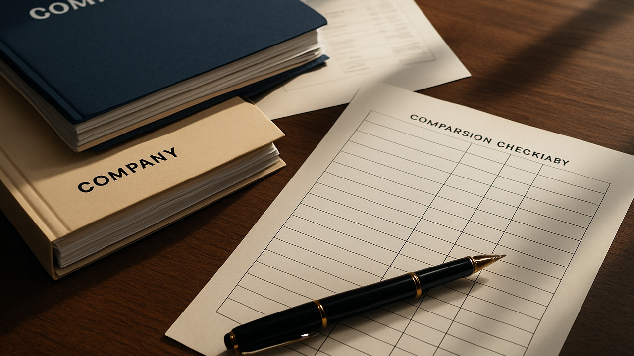 Bonitätsauskunft Anbieter Vergleich mit geordneten Akten und Prüfkriterien auf dem Schreibtisch