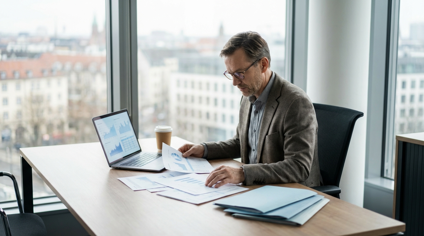 Analyst prüft laufende Bonitätsdaten von Unternehmen