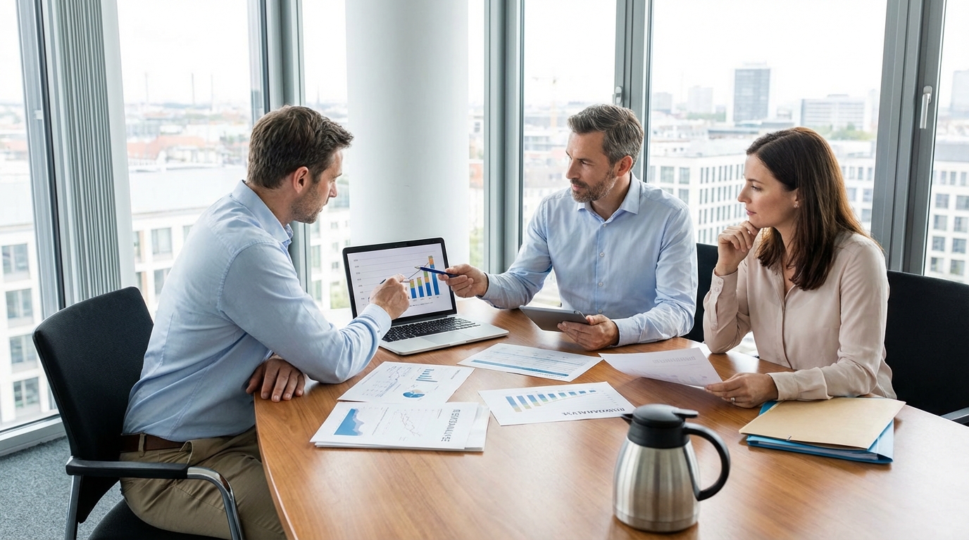 Team bespricht Signale aus dem Bonitätsmonitoring von Unternehmen