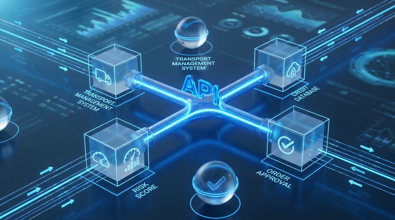 API-Datenfluss zwischen TMS, ERP und Bonitätsprüfung im Logistikprozess