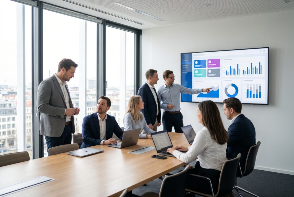 Bonitätsprüfung API Salesforce als B2B-CRM-Szene mit Finance- und Sales-Team im modernen Besprechungsraum