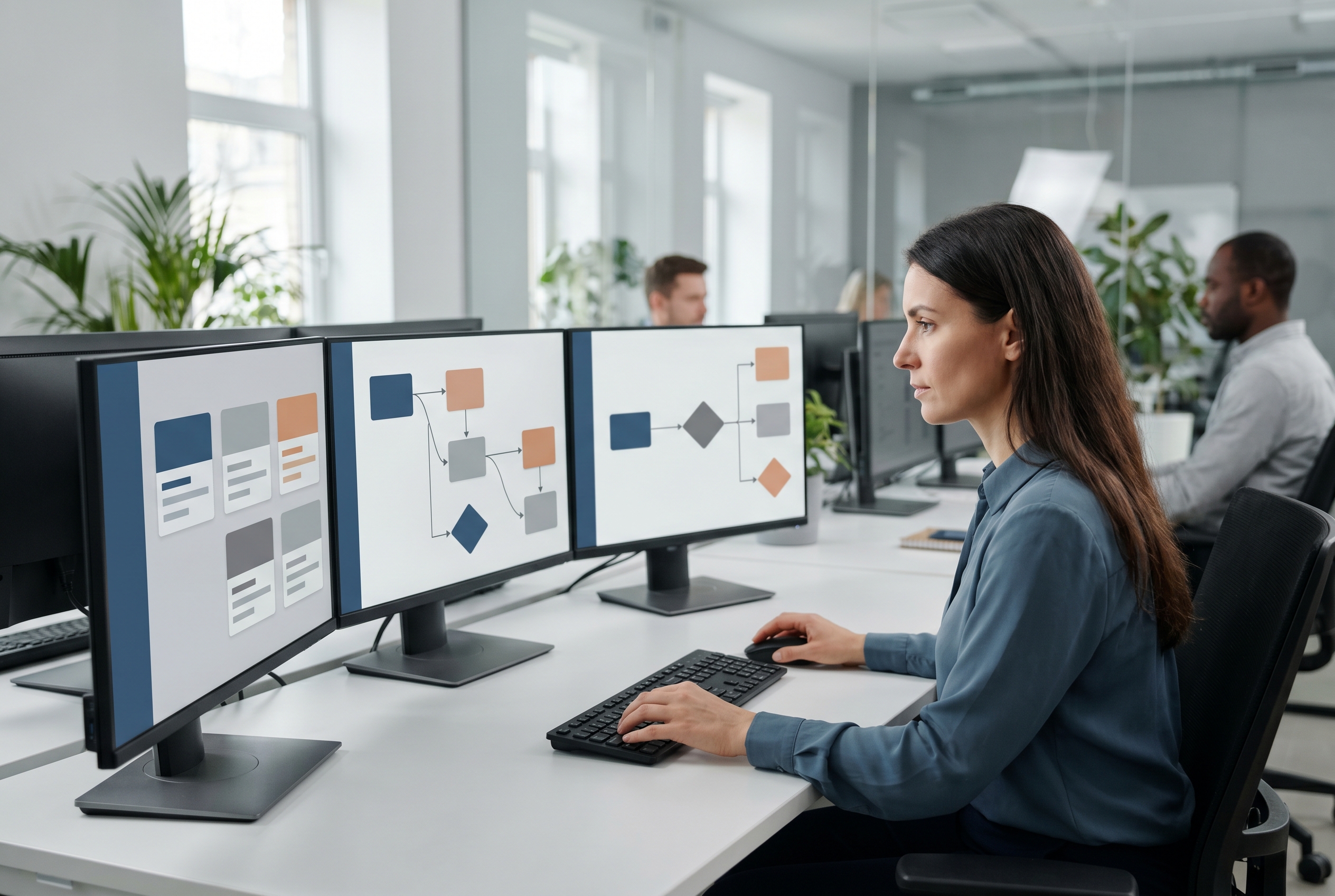 Salesforce Bonitätsprüfung im CRM-Kontext mit abstraktem Workflow und Team im modernen B2B-Büro