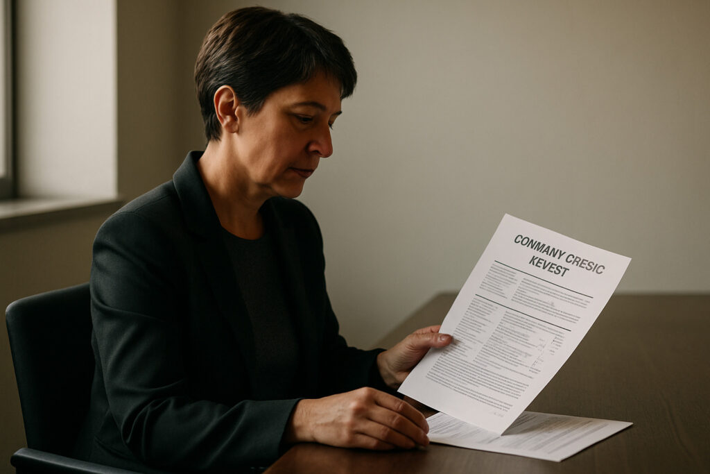 Bonitätsprüfung Software mit konzentrierter Prüferin bei der Firmenanalyse am Schreibtisch