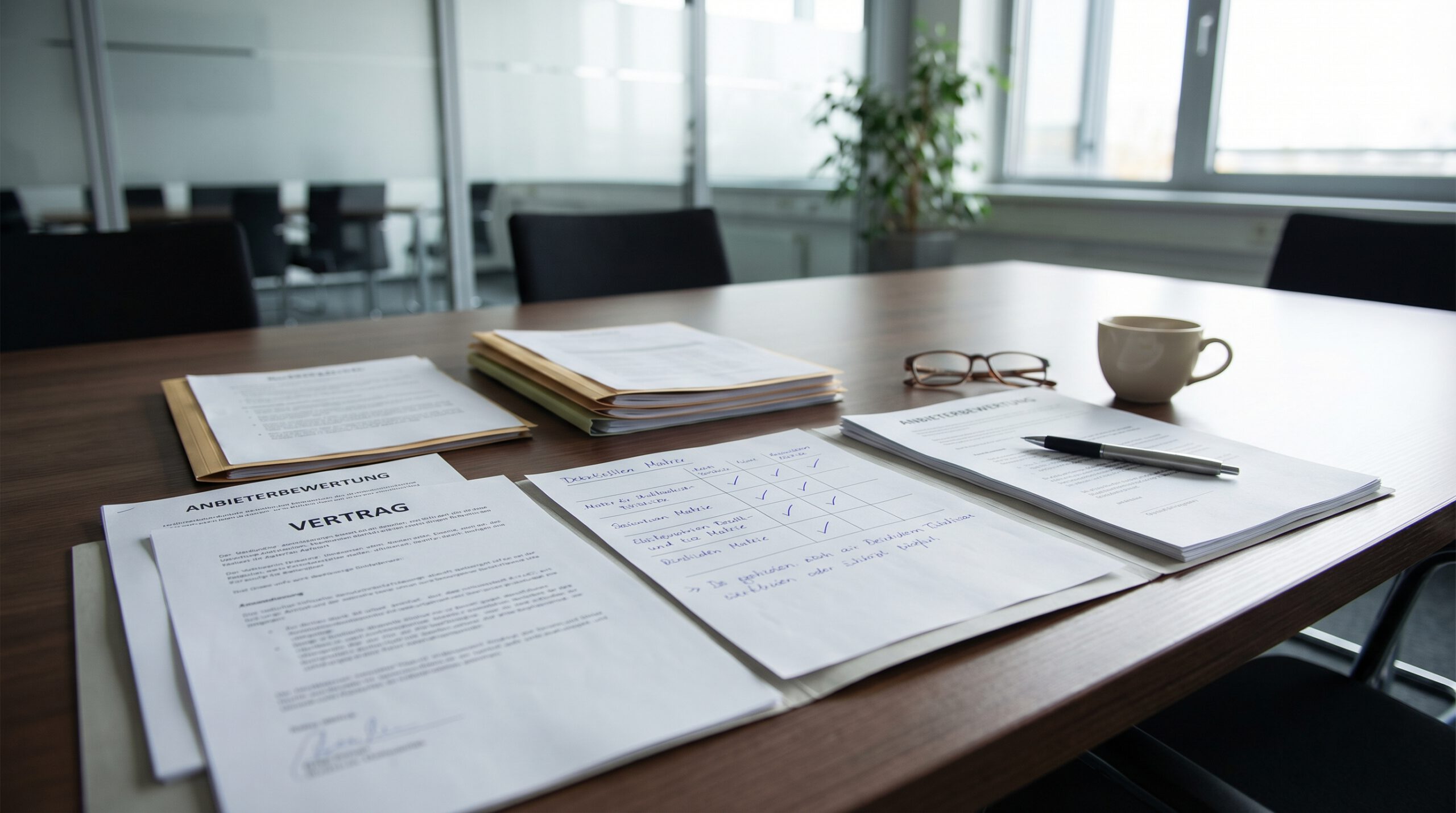 Anbietervergleich und Entscheidungskriterien für Bonitätsprüfung auf Konferenztisch