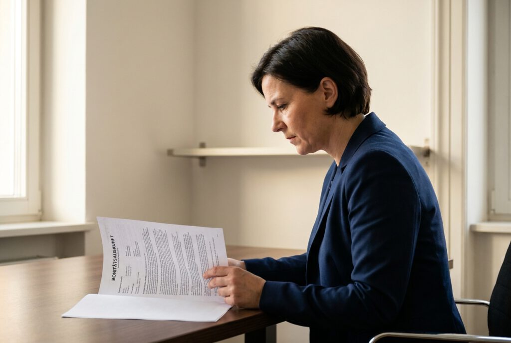 Boniversum Selbstauskunft: Frau prueft konzentriert eine gedruckte Selbstauskunft in neutralem Buerolicht.