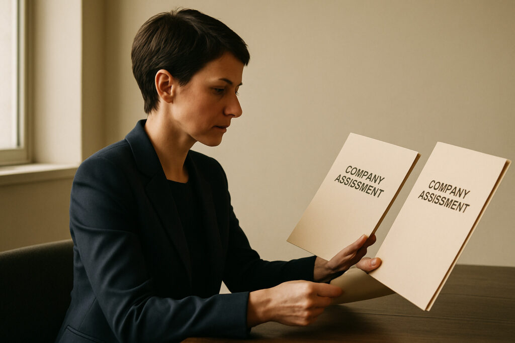 Bürgel Alternative mit fokussierter Analystin beim Vergleich von Firmenunterlagen am Schreibtisch